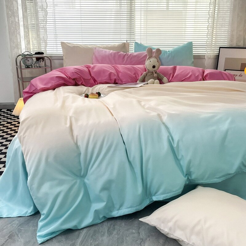 Korean-Style-Bedding-Set-Gradient-Duvet-Cover-Soft-Thickened-Bed-Linen-Sheet-Pillowcase-Washed-Cotton-Home