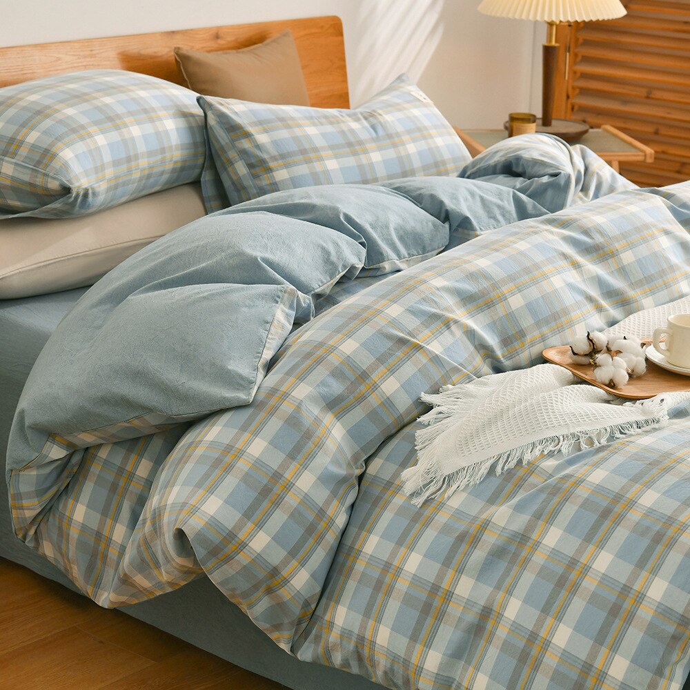 Pure-Cotton-Four-Piece-Set-100-Cotton-Naked-Sleeping-Solid-Plaid-Quilt-Cover-Student-Dormitory-4